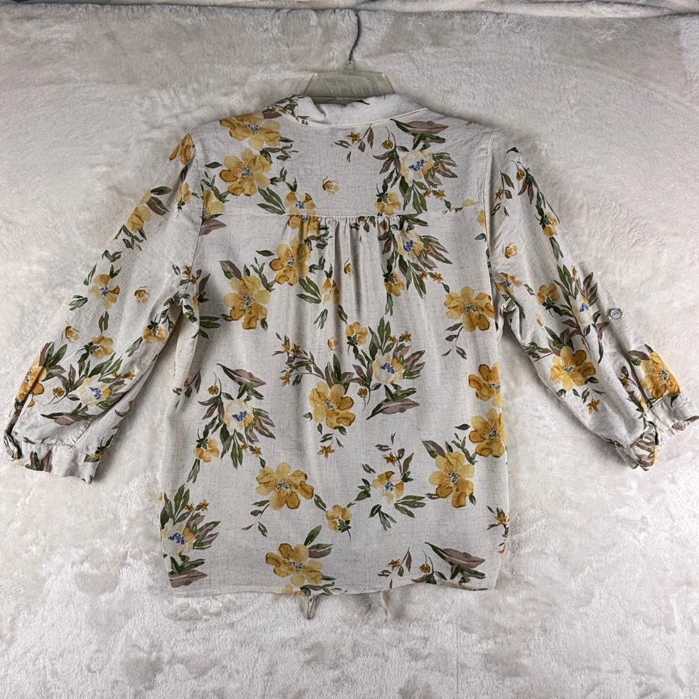 Poppi Women's XL Floral Button Down‎ Shirt Yellow Flowers Linen Blend